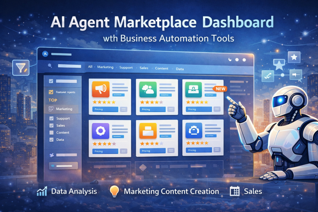 AI agent marketplace dashboard showing business automation tools and AI agents for marketing sales and data analysis
