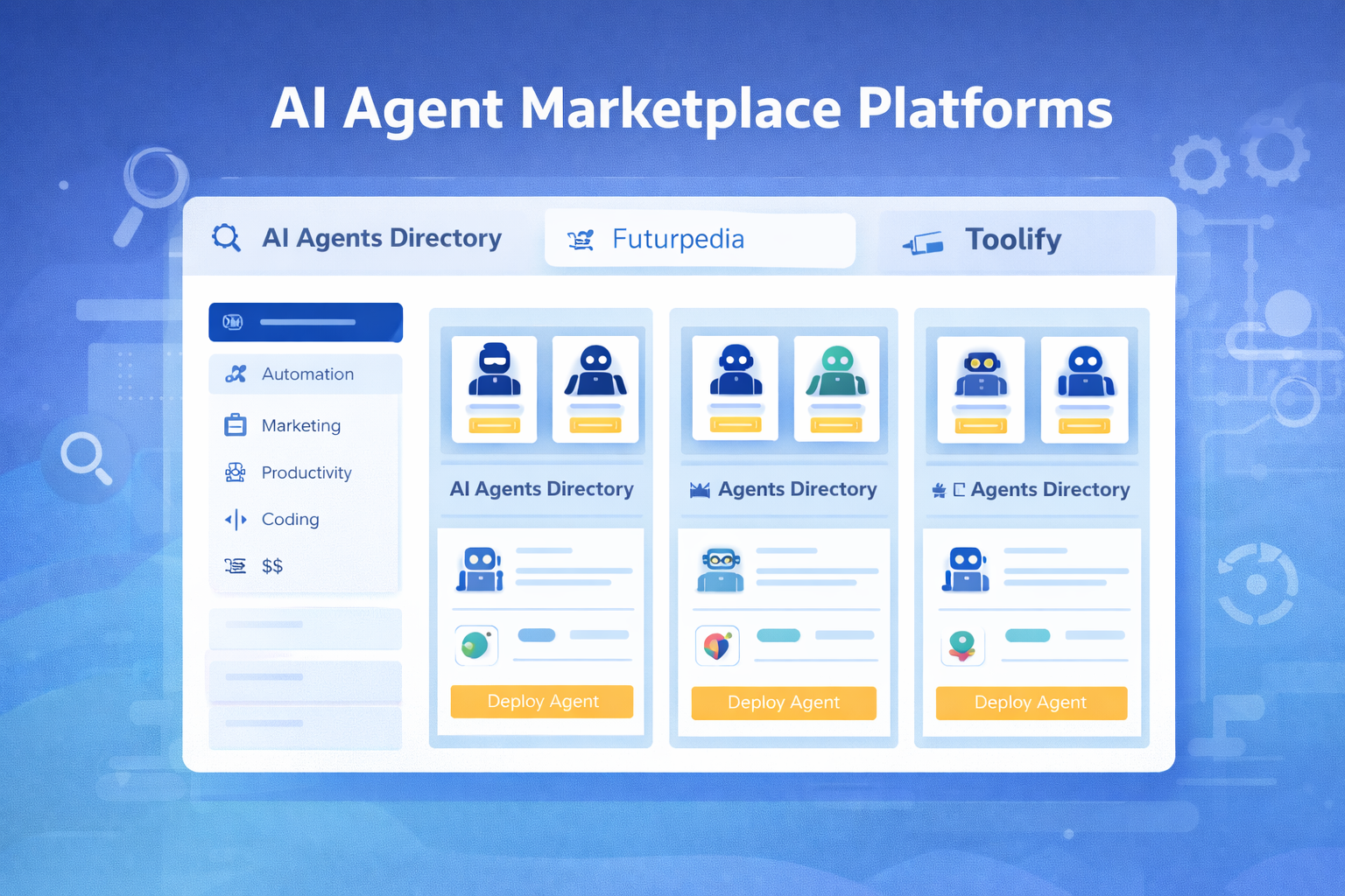 AI agent marketplace platforms showing multiple AI agents available for automation and business workflows