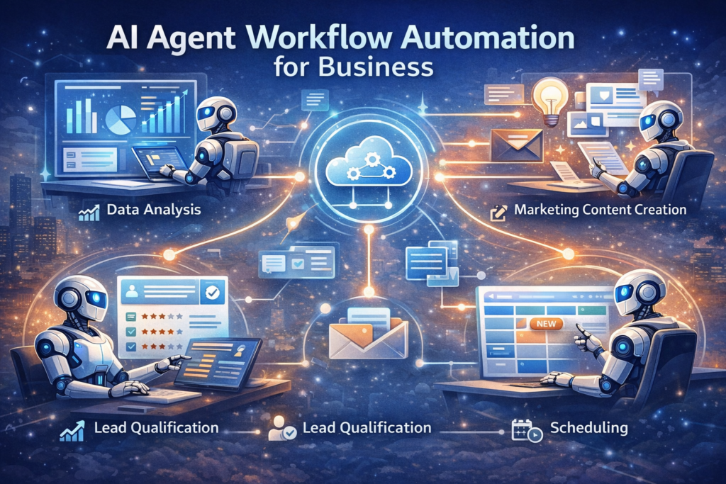 AI agent workflow automation for business showing marketing, data analysis, lead qualification and scheduling tasks