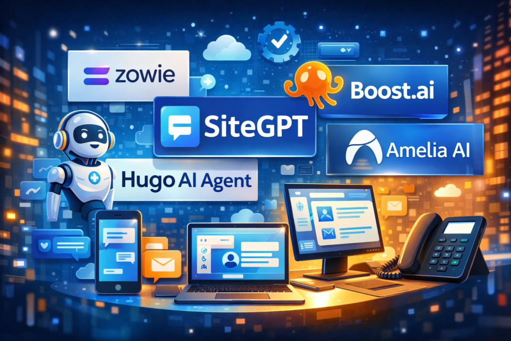 Comparison image of customer support AI tools including Zowie Hugo AI Agent SiteGPT Boost.ai and Amelia AI