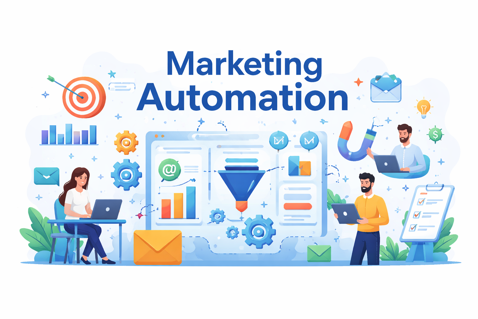 Marketing Automation illustration showing email workflows, lead funnels, analytics dashboards, and automated campaign management