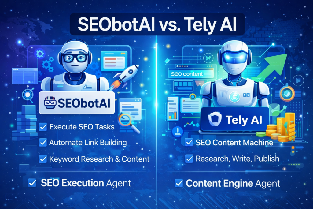 SEObotAI vs Tely AI comparison image showing two marketing AI agents for SEO automation, content generation, and traffic growth