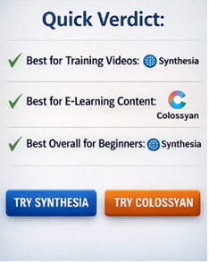 Final verdict infographic comparing Synthesia and Colossyan AI avatar video generators for marketing videos training videos and online courses