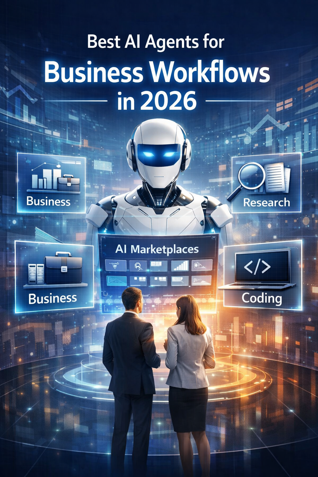 Futuristic illustration for best AI agents for business workflows in 2026, showing business, research, coding, and AI marketplaces