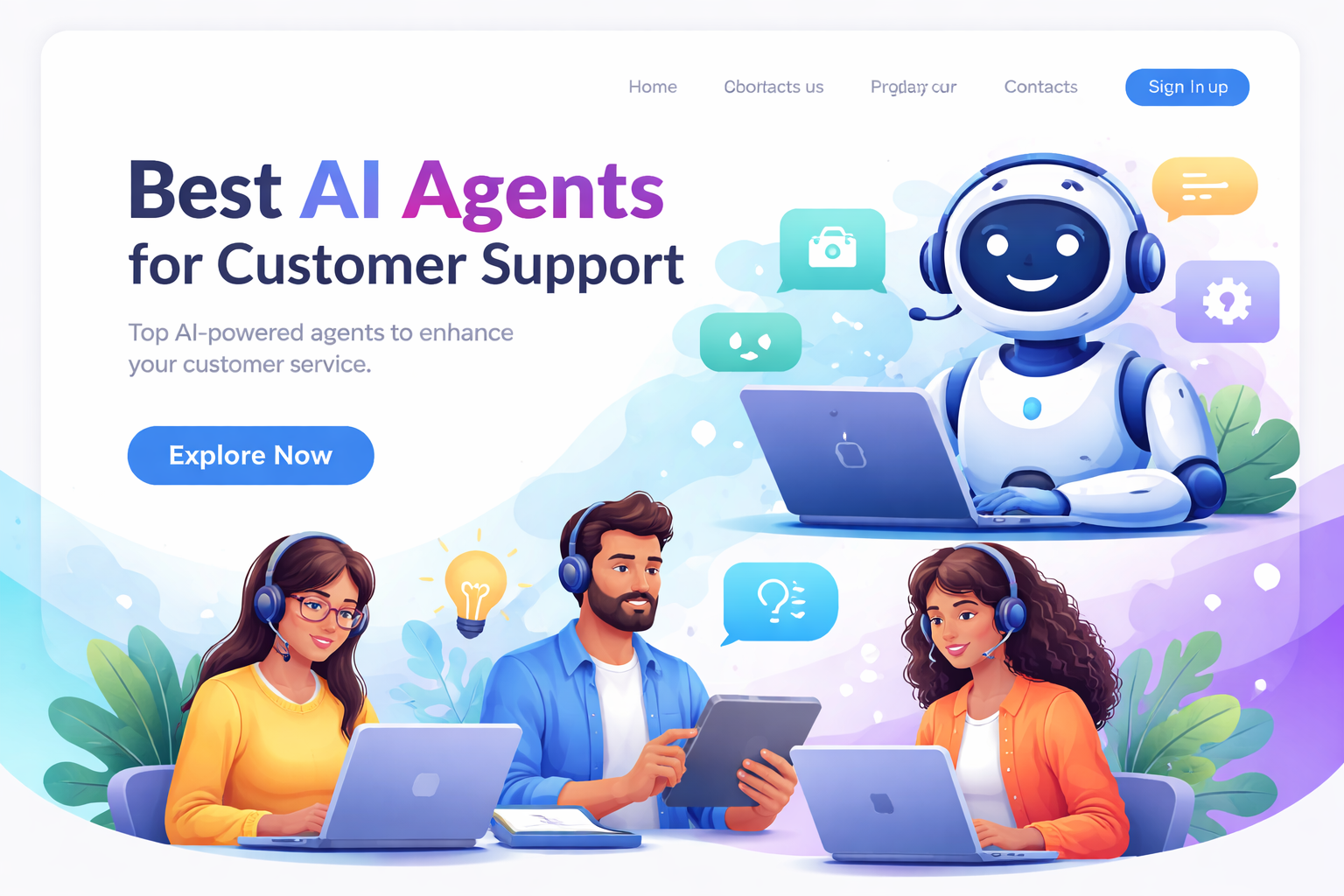 AI customer support agents comparison dashboard with chatbot and support team illustration