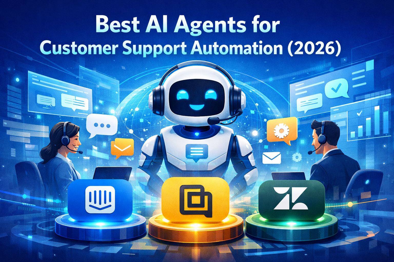 Best AI agents for customer support automation in 2026 with chatbot and support team illustration