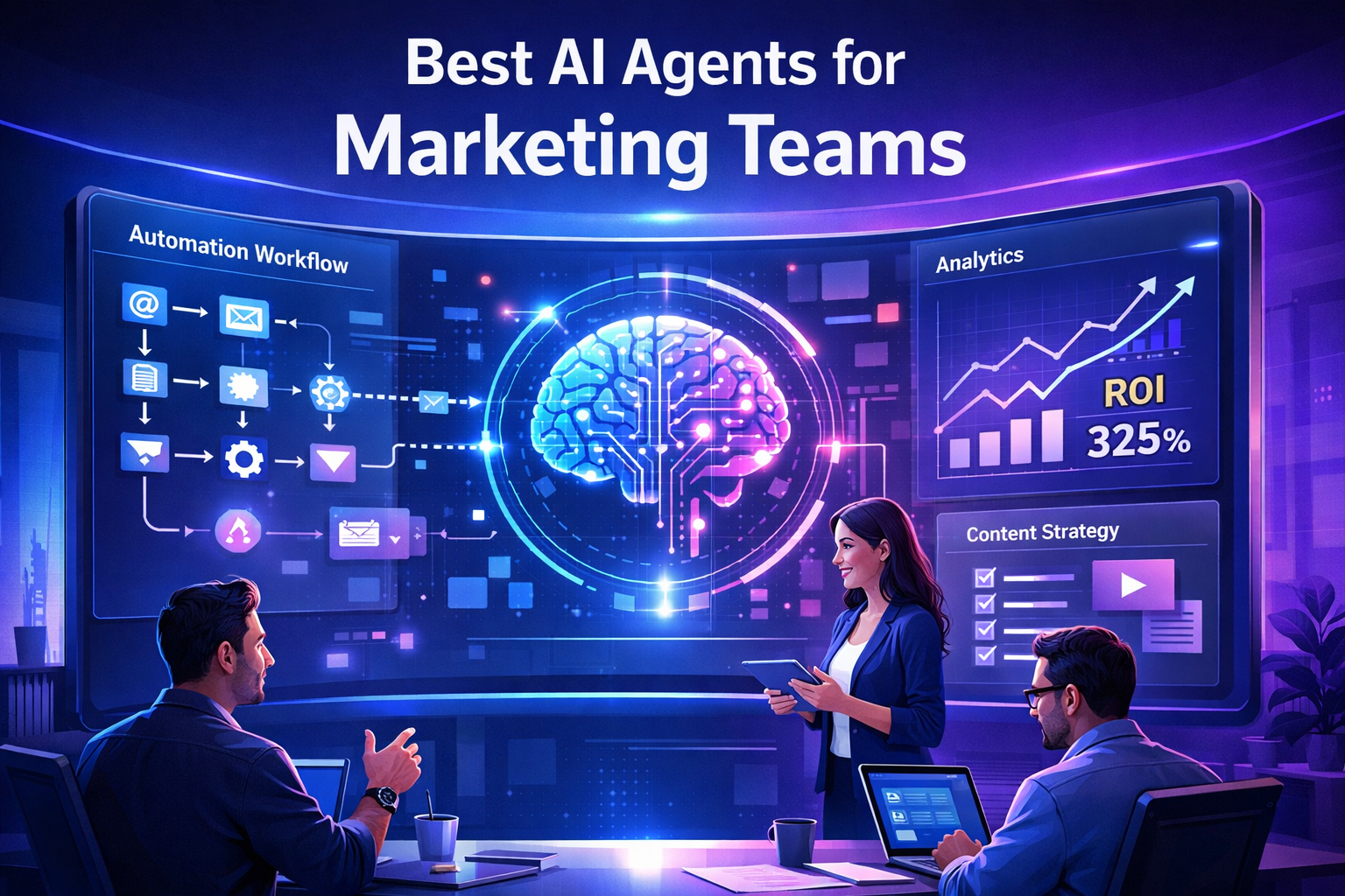 Best AI agents for marketing teams dashboard showing automation, analytics, and content workflows