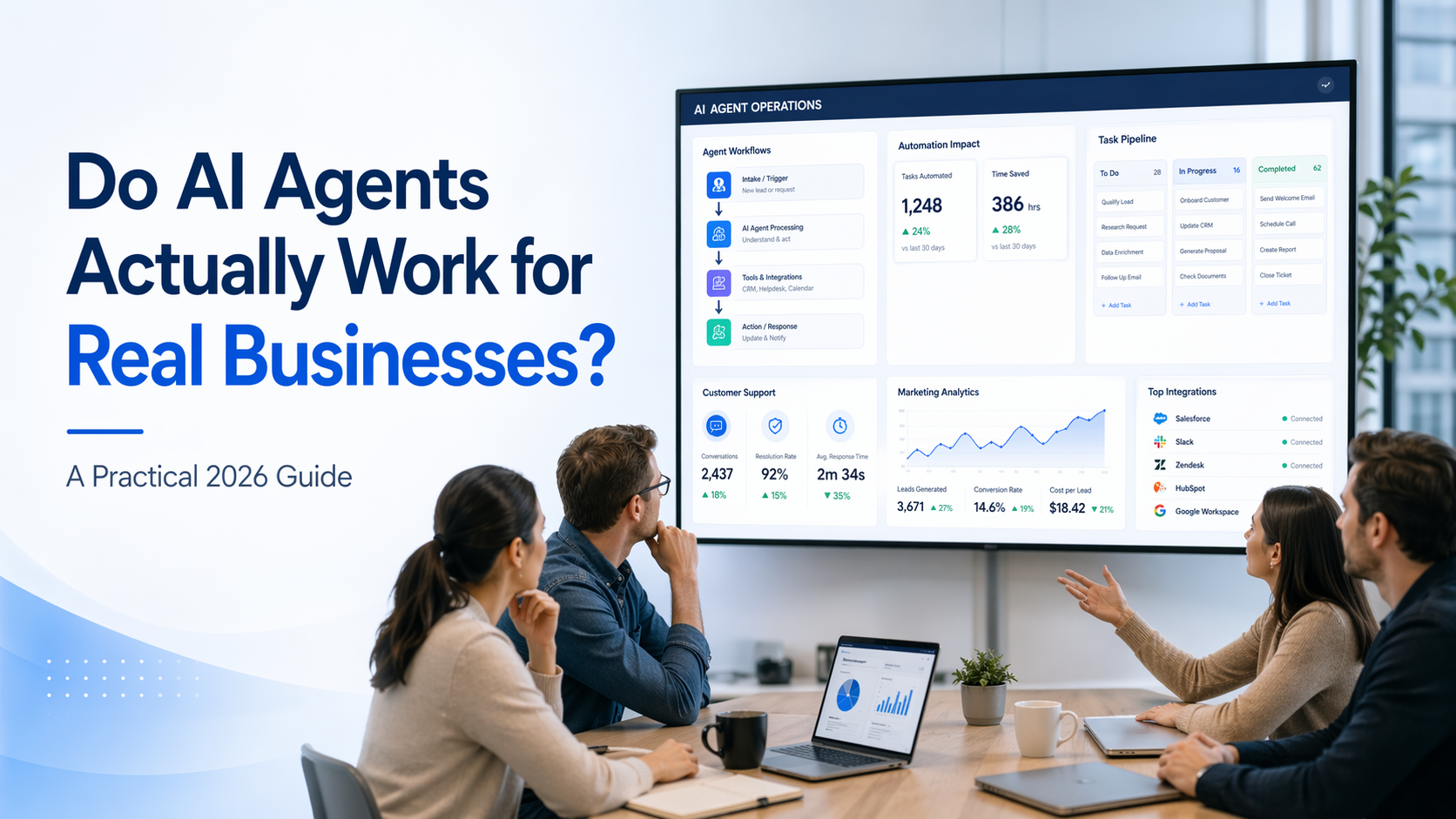 Business team reviewing an AI agent operations dashboard to evaluate whether AI agents actually work for real businesses