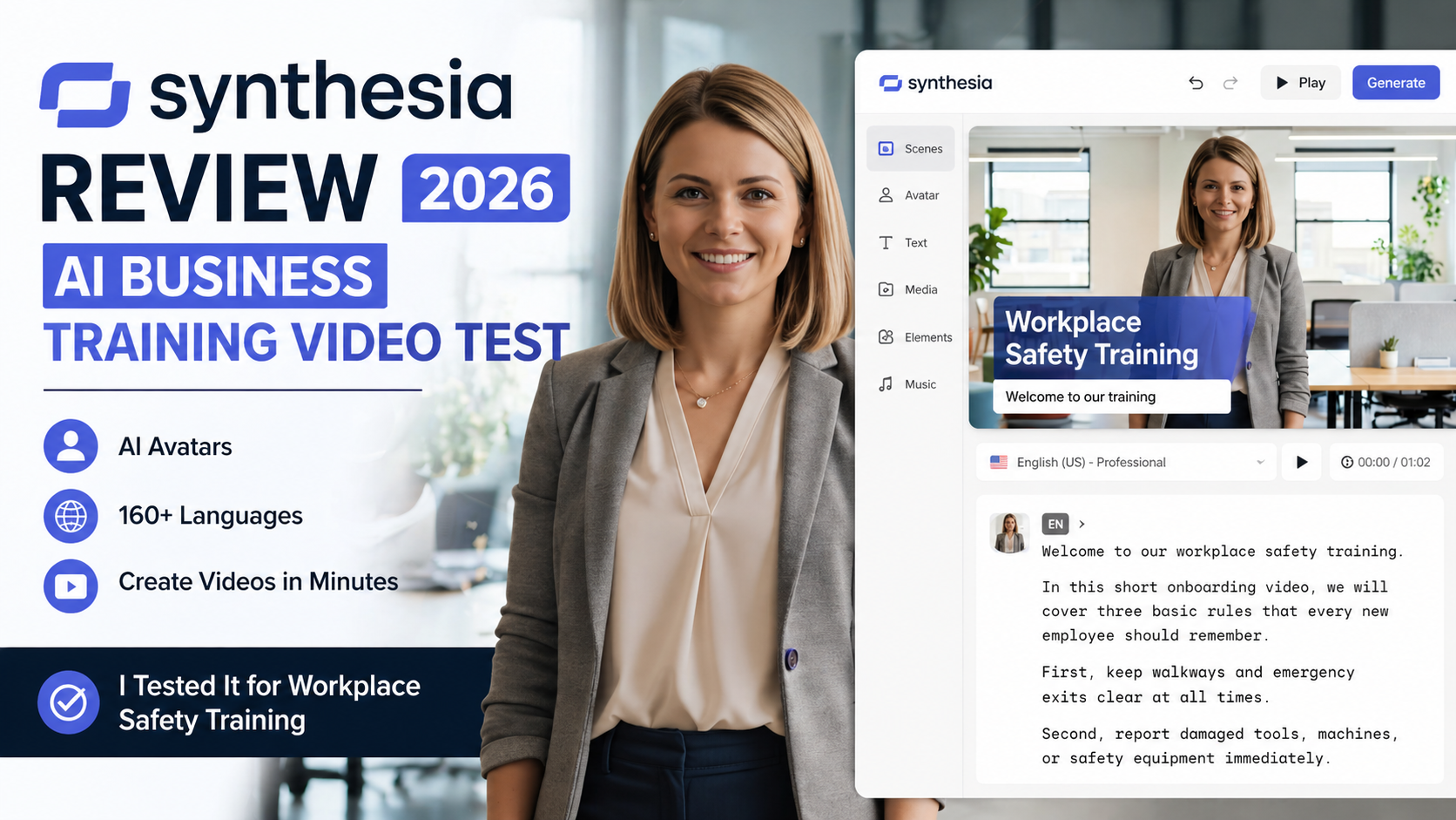 Synthesia review showing an AI avatar business training video test