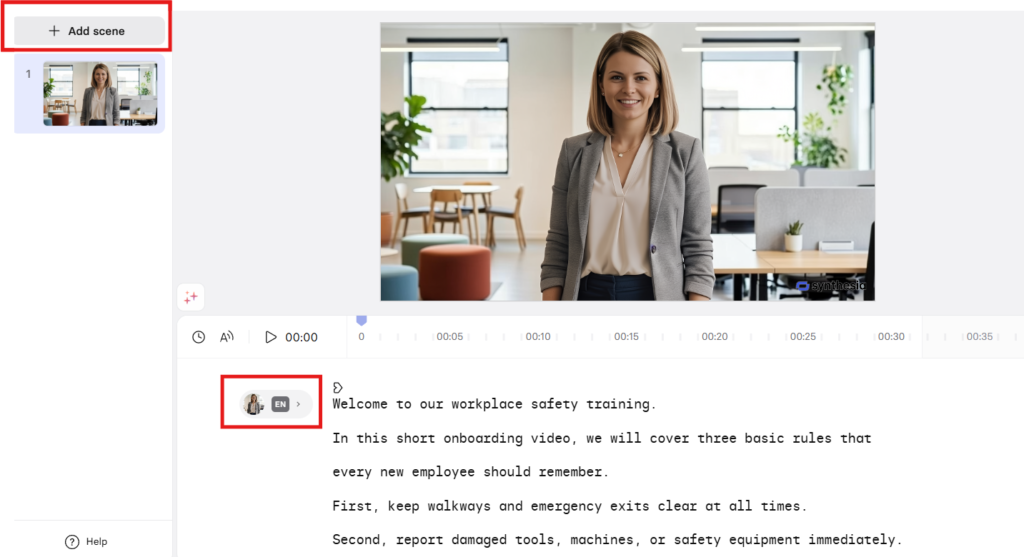 Synthesia script input screen for a workplace safety training video